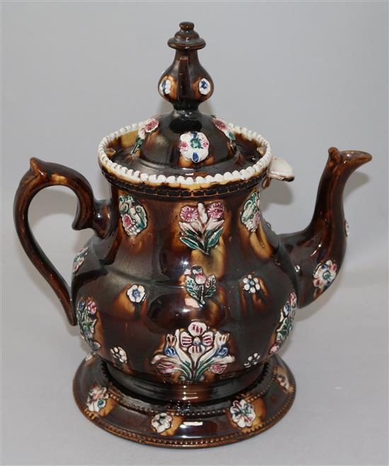A late Victorian Meerschaum pottery Barge Ware teapot, cover and stand, 13.25in.